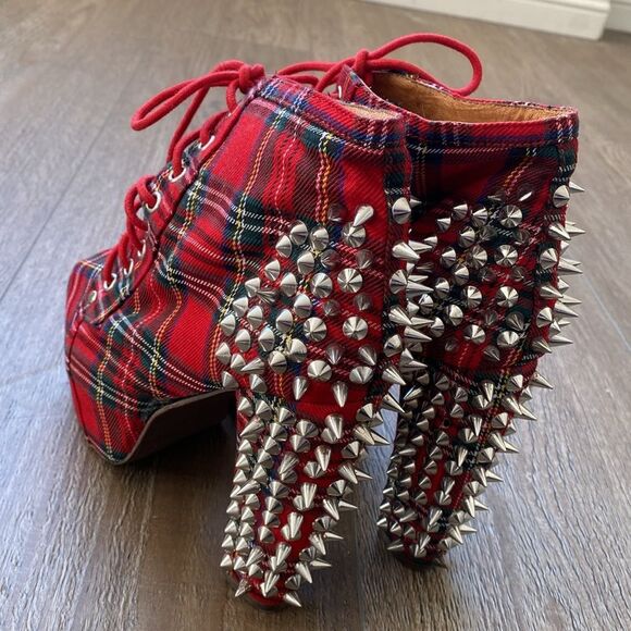 Jeffrey Campbell Lita Rare Red Plaid Lace-up Platform Ankle Boot w Spike Studs - Picture 3 of 8